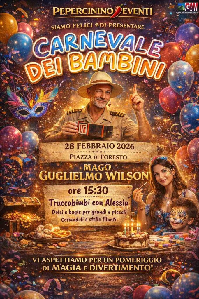 Locandina Carnevale dei Bambini 2026 a Foresto con spettacolo del Mago Guglielmo Wilson in Piazza
