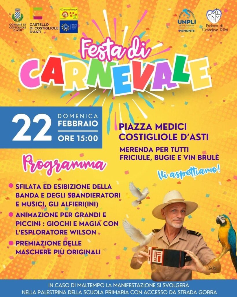 Locandina Carnevale Costigliole d’Asti 2026 con spettacolo di magia dell'Esploratore Wilson
