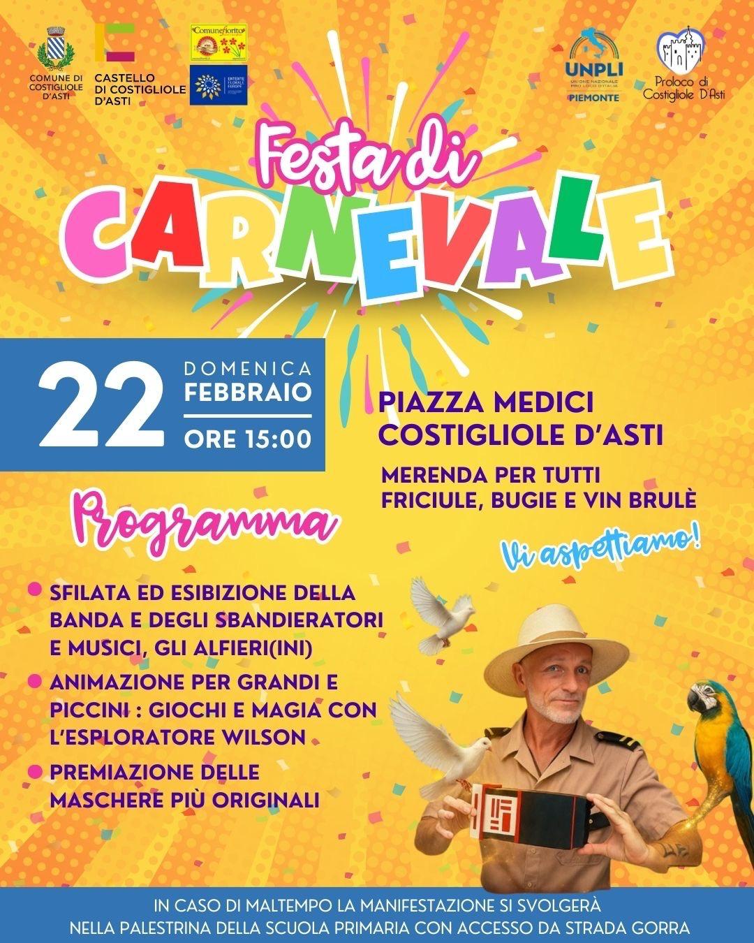 Locandina Carnevale Costigliole d’Asti 2026 con spettacolo di magia dell'Esploratore Wilson