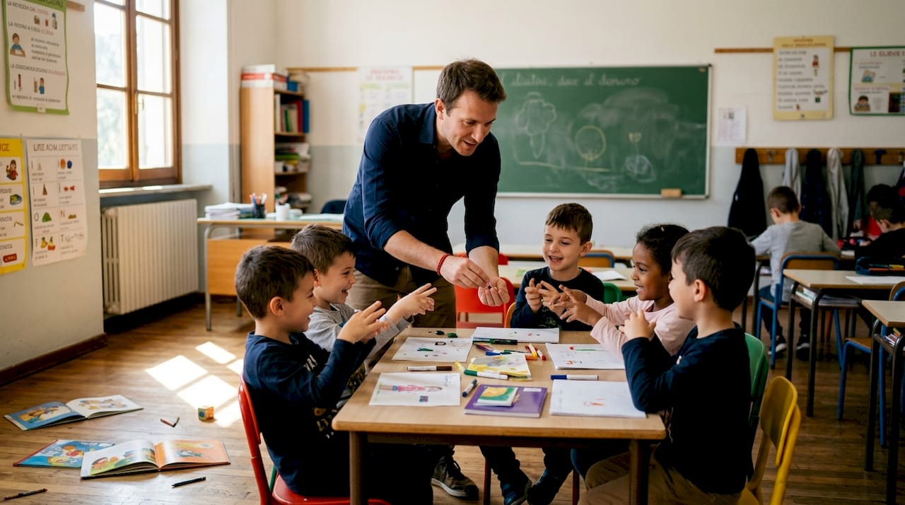 La maestra incanta i bambini curiosi con un gioco di prestigio