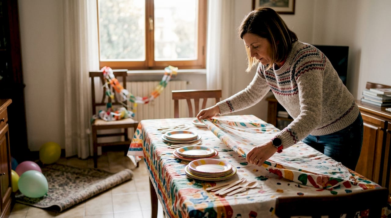 La mamma sistema la tavola per la festa di compleanno in casa.