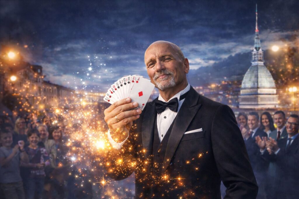 Guglielmo Wilson esegue uno spettacolo di magia di scena con animali in un teatro di Torino.