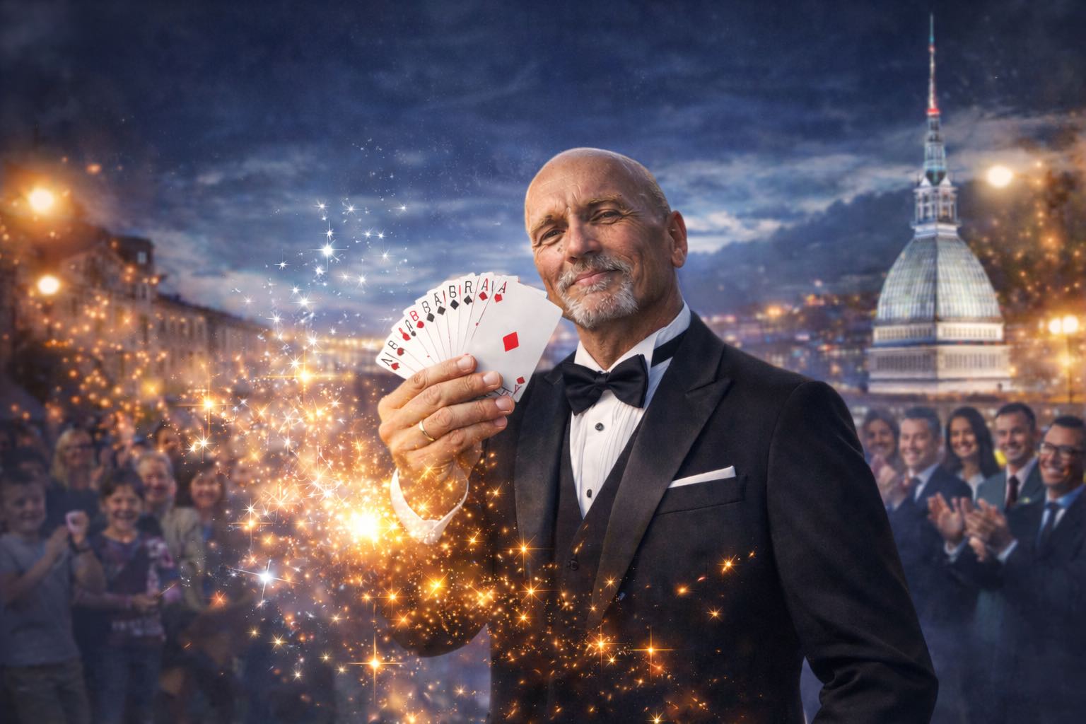 Guglielmo Wilson esegue uno spettacolo di magia di scena con animali in un teatro di Torino.