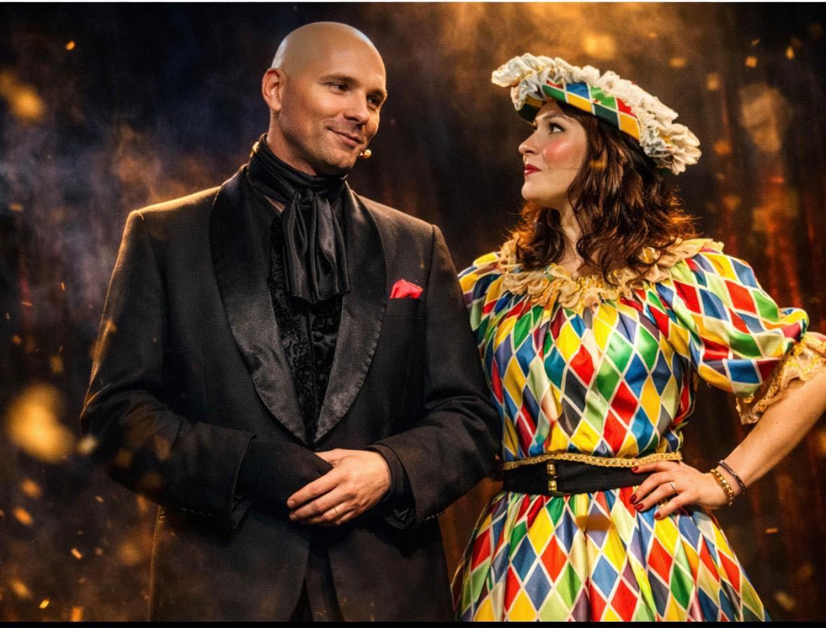 spettacolo di carnevale per scuole con mago e arlecchino