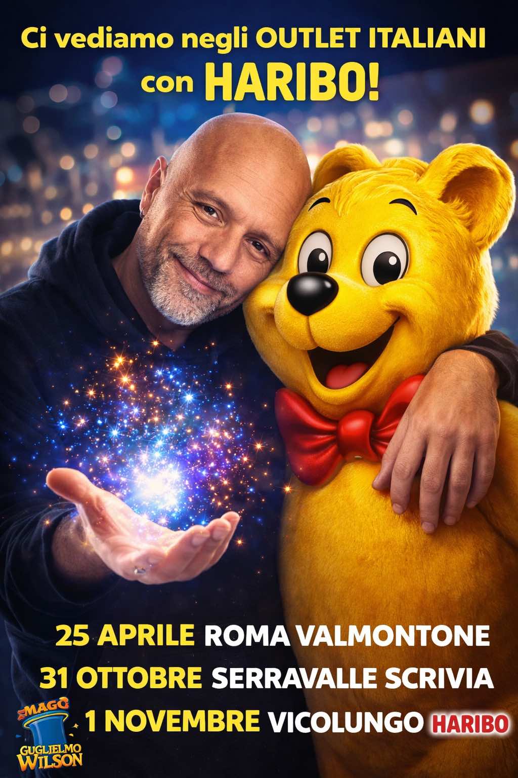 Mago Guglielmo Wilson durante evento Haribo negli outlet italiani con spettacolo di magia per bambini e famiglie