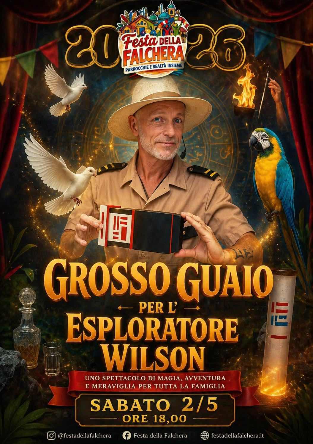 Guglielmo Wilson, mago a Torino, in costume da esploratore durante lo spettacolo Grosso Guaio per l'Esploratore Wilson alla Festa della Falchera 2026