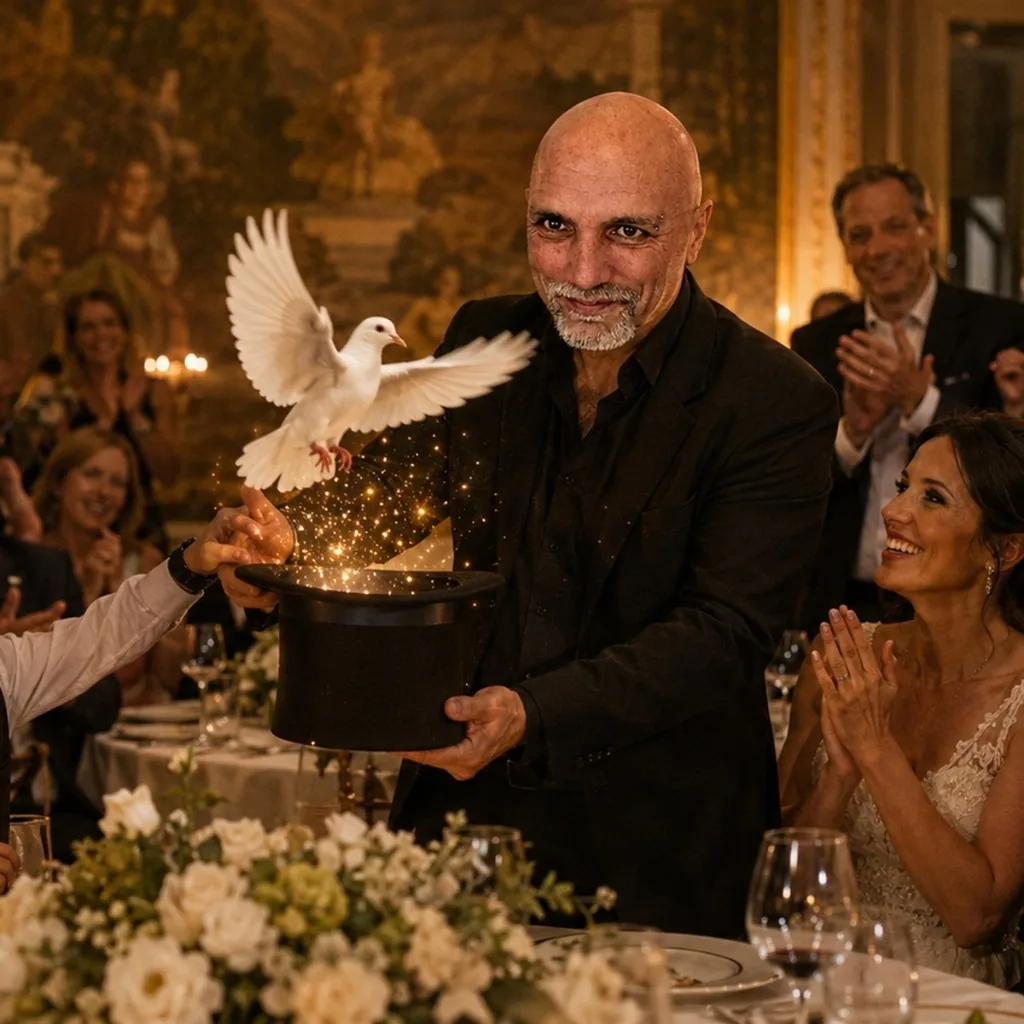 Mago spettacoli matrimoni con applausi al banchetto nuziale