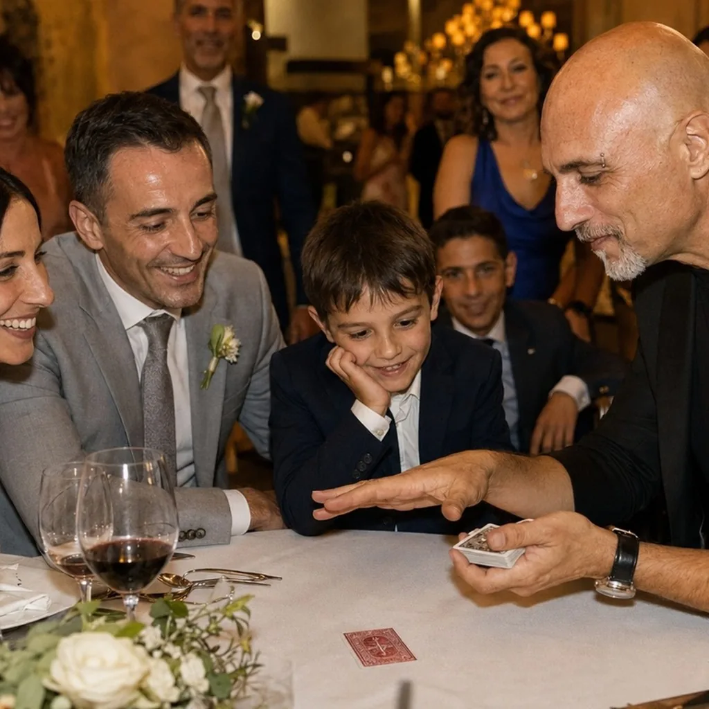 Mago spettacoli matrimoni tra gli invitati al ricevimento