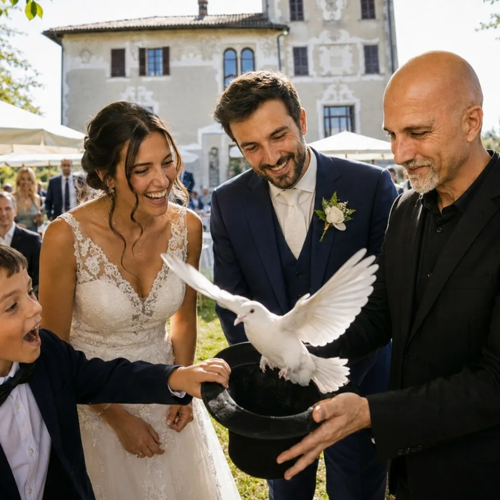 Mago spettacoli matrimoni in giardino con colomba
