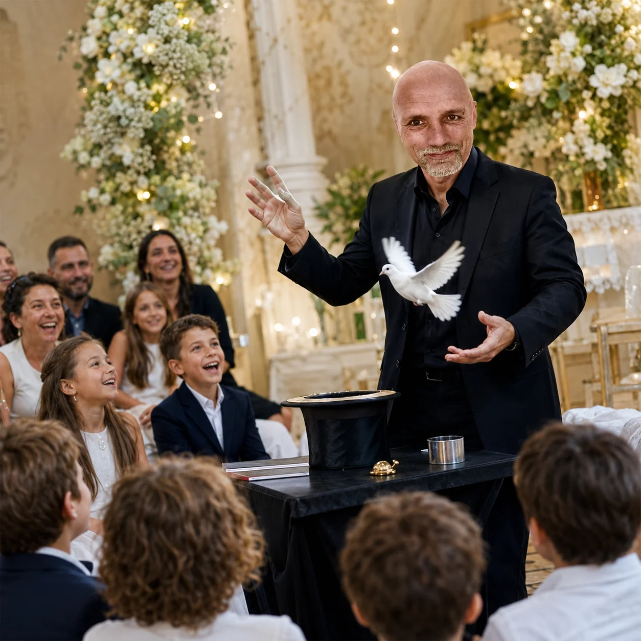 Magia con colombe durante uno spettacolo