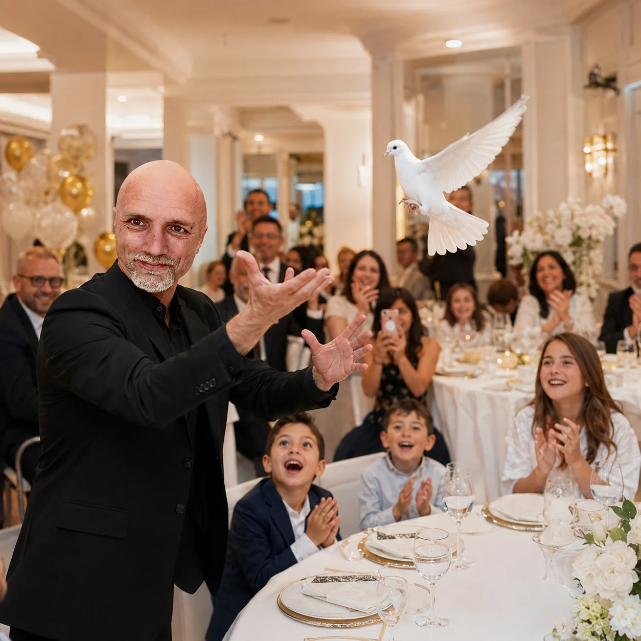 Colombe bianche durante uno spettacolo di magia