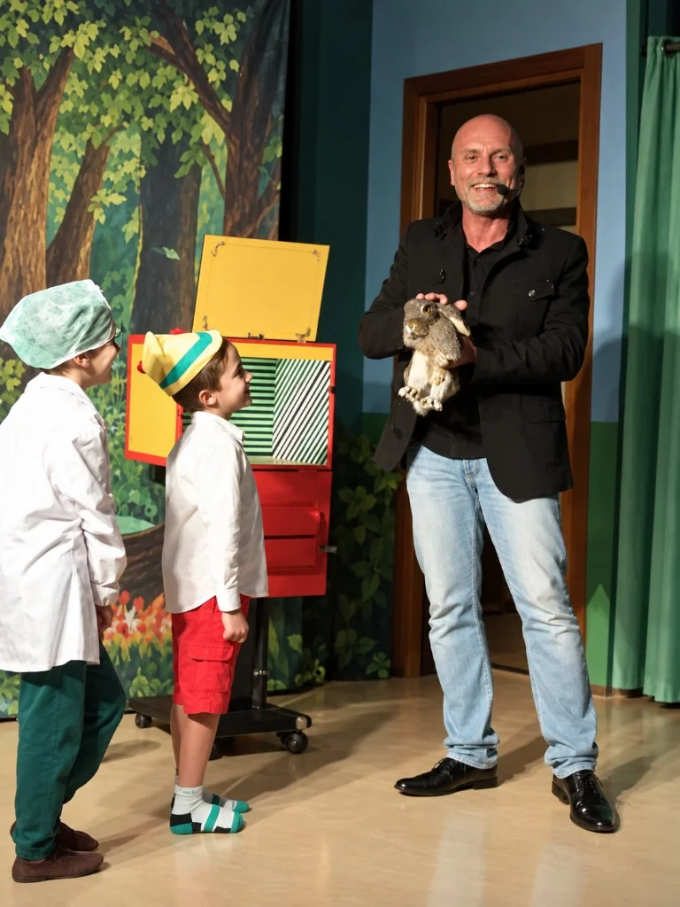 L'apprendista dell'impossibile – mago con coniglio e bambini sul palco