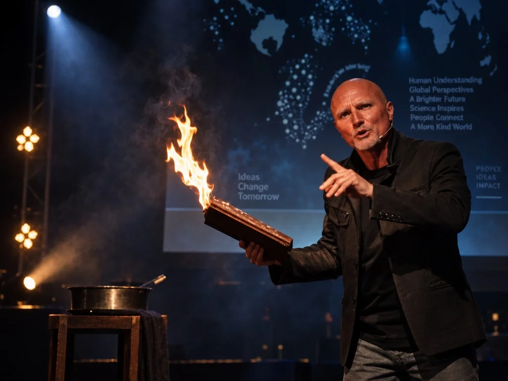 L'apprendista dell'impossibile – mago con libro in fiamme sul palco