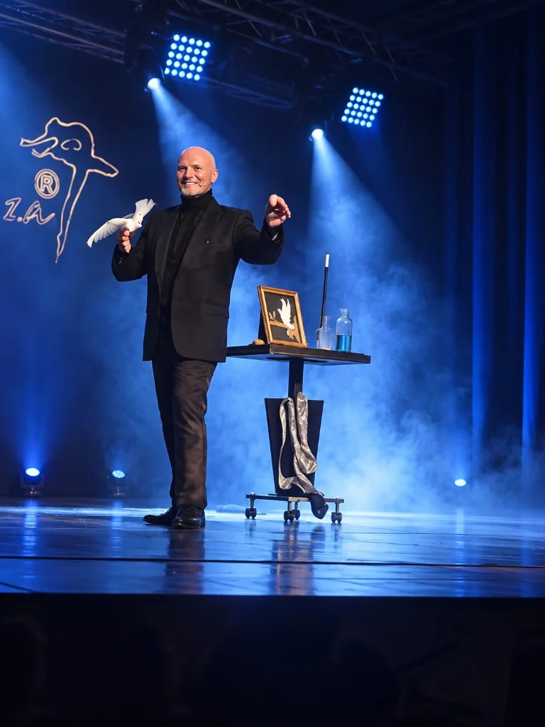 L'apprendista dell'impossibile – mago con colomba bianca sul palco