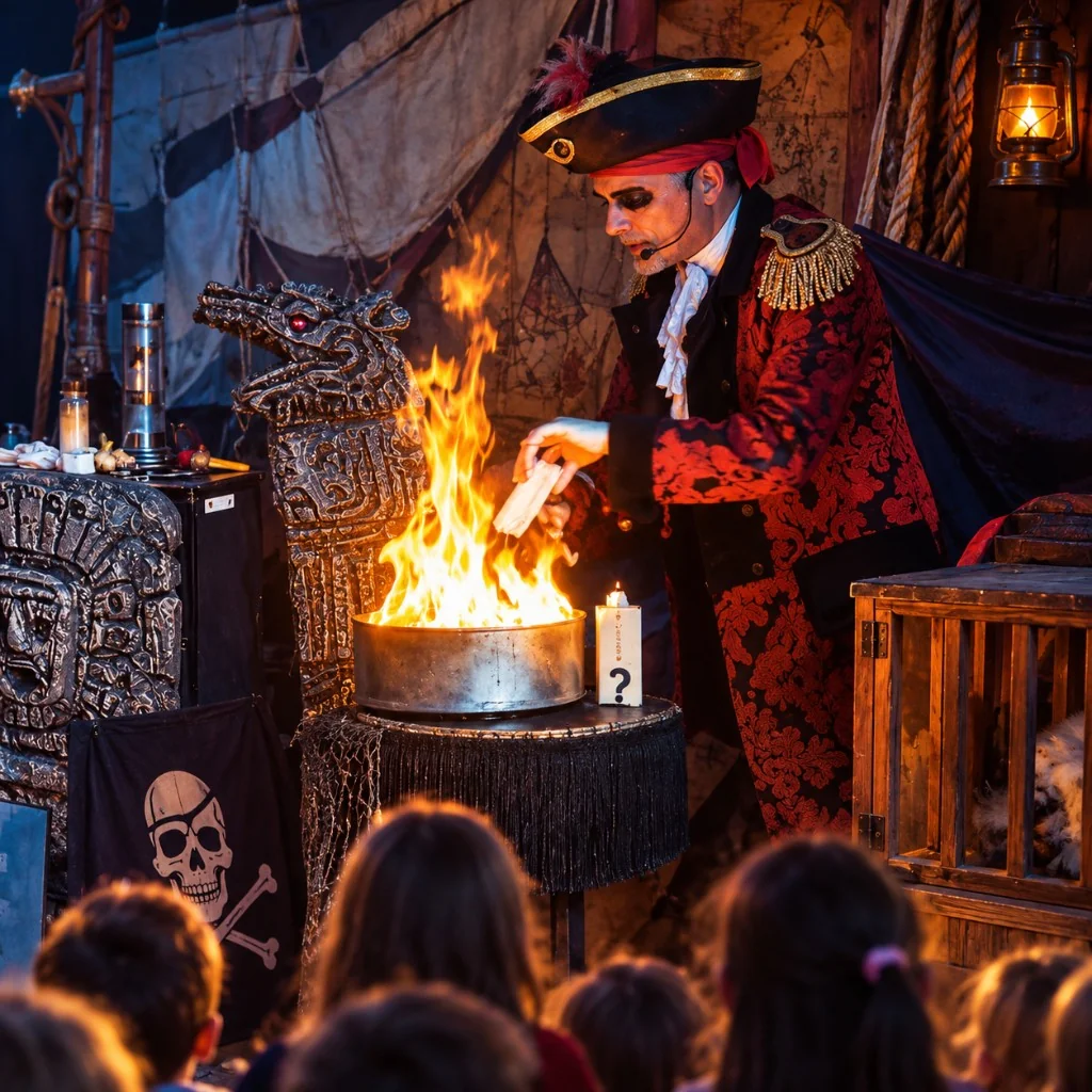 Barbabruciata e la Maledizione – pirata Barbabruciata con fuoco magico sul palco