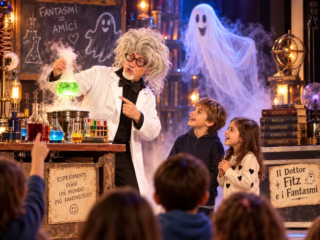 Il Dottor Fitz e i Fantasmi – Dottor Fitz con pozione e bambini sul palco