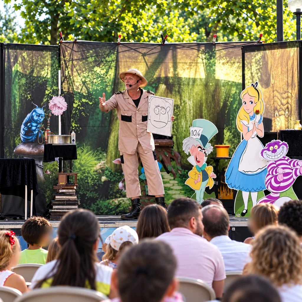 Grosso Guaio per l'Esploratore Wilson – Esploratore Wilson sul palco con personaggi del Paese delle Meraviglie