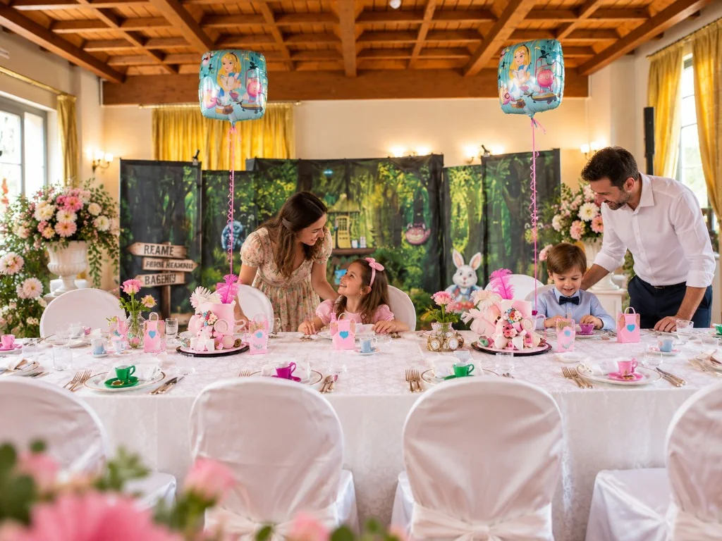 Famiglia al ricevimento di comunione con allestimento a tema Paese delle Meraviglie