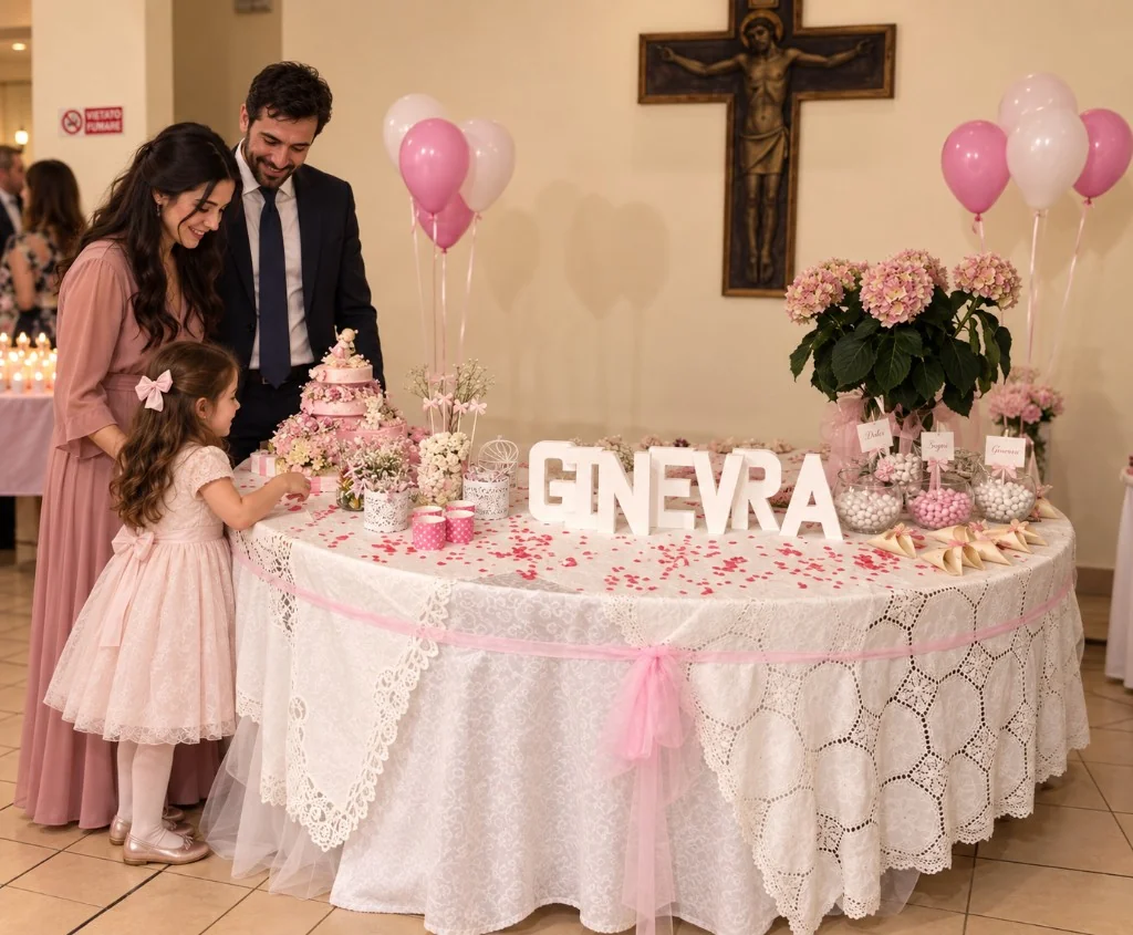 Famiglia al ricevimento di comunione con tavolo allestito e nome Ginevra