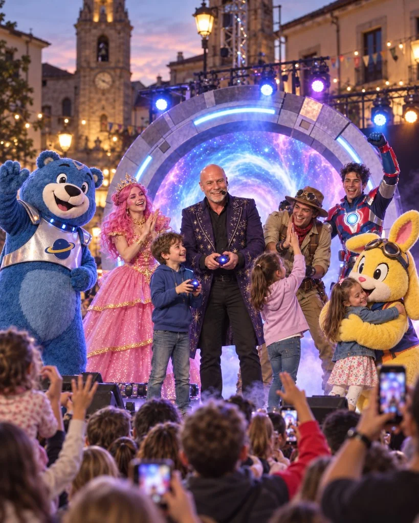 Il Multiverso dei Cartoni – personaggi e bambini sul palco con il portale