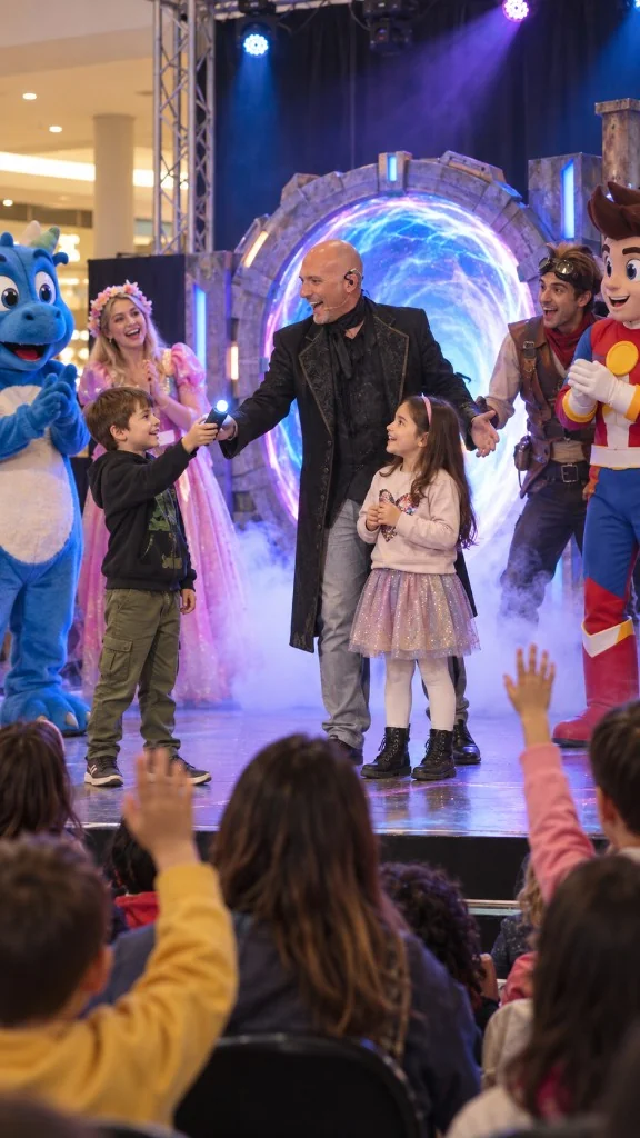 Il Multiverso dei Cartoni – cast e bambini sul palco con il portale